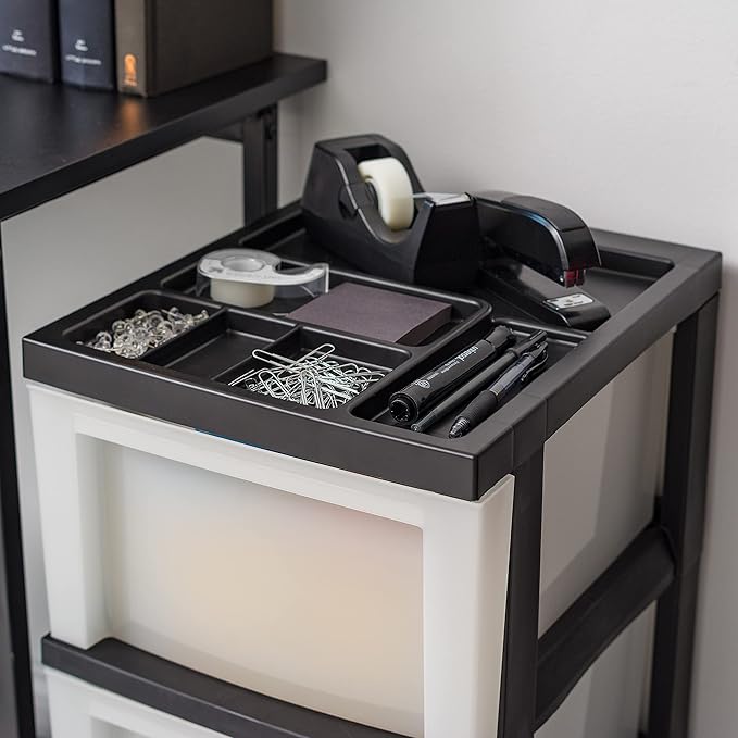 IRIS USA Plastic Drawer Storage Organizer Rolling Cart, with Wheels Casters, 3-Drawers, for Classroom Art Craft Supplies Dresser Closet Bathroom Laundry Room, Black/ Pearl