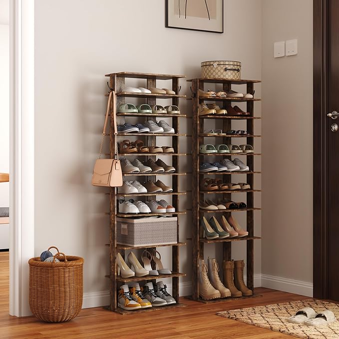 HOMEFORT 10-Tier Vertical Shoe Rack, Corner Shoe Tower, Double Rows 10 Tiers Shoe Shelf, Slim Shoe Storage Unit for 20 Pairs of Shoes, Shoe Stand for Entryway, Hallway, Closet (Rustic Brown)-NeatNest