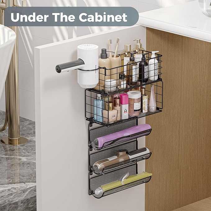 Hair Dryer Holder-Wall-Mounted Styling Tool Organizer 5 Tiers Styling Tool Organizer with Hook Heat Safe Rack for Hair-Straighteners,Curling Wands,Flat Iron,Perfume,Cabinet Door Bathroom Kitchen