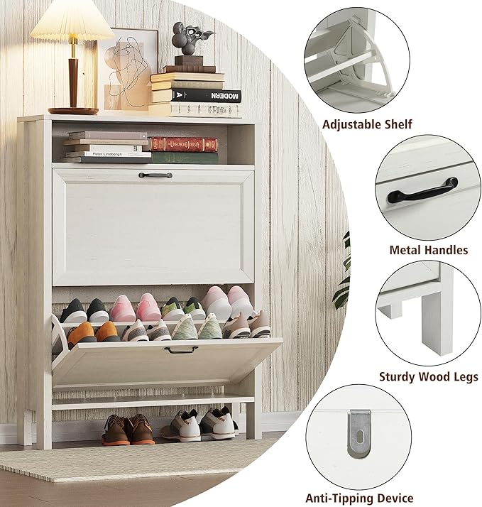 Shoe Storage Cabinet with 2 Flip Drawers, Wooden Shoe Rack with Metal Handle, Freestanding Hidden Shoe Storage Organizer with Open Shelf, Narrow Shoe Rack for Entryway, Hallway (White)
