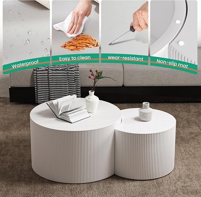 Round Nesting Coffee Table Set of 2 Circle Nested Coffee Tables Modern Fluted Coffee Table Set of 2 Wooden Drum End Side Tables for Living Room Bedroom Small Spaces (Cream Small)