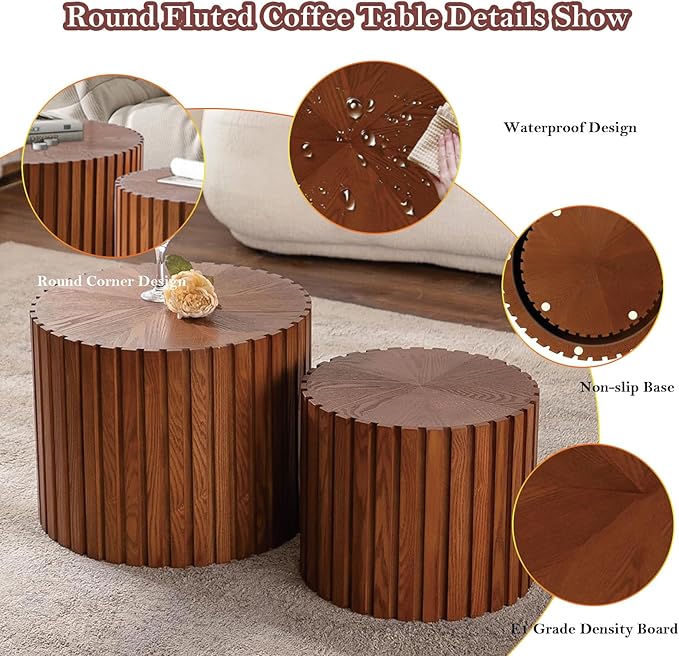 Handcraft Round Nesting Coffee Table - Chic Wave Stripe Edge, Modern Stylish Walnut Wooden Circle Fluted Center Table for Living Room (18.9in+15in)
