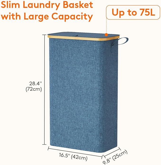 Lifewit 75L Slim Laundry Hamper with Lid, Narrow Laundry Basket with Removable Bag & Bamboo Handles, Fodable Thin Dirty Clothes Hamper for Laundry Collapsible Bin for Bathroom Bedroom Dorm, Dark Blue-NeatNest