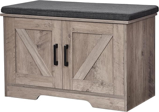 2-Tier Storage Bench, Shoe Bench with Padded Seat Cushion, Entryway Bench with 2 Barn Doors, Adjustable Shelf, 13.8" D x 27.6" W x 17.7" H, for Entryway, Living Room, Bedroom, Greige-NeatNest