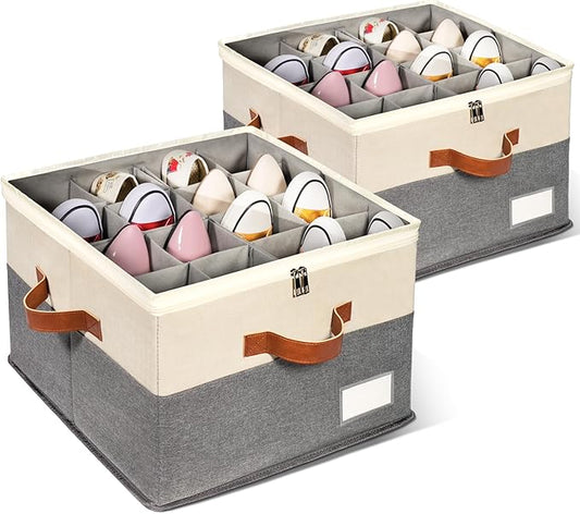 2 Pack Shoe Organizer for Closet, Adjustable Shoe Box Storage Containers, Large Foldable Shoe Bins with Clear Cover, Space Saving Shoes Holder with 4 Handles, Fits 16-32 Pairs, Beige-NeatNest