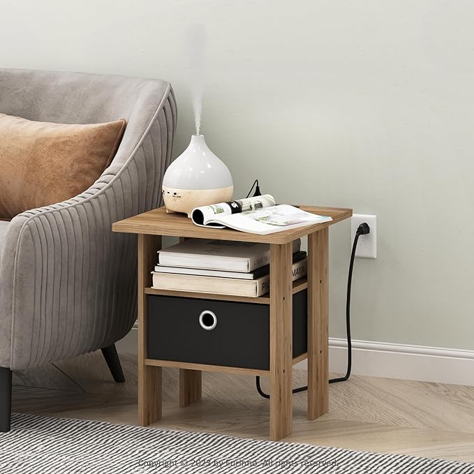 Furinno Andrey USB and Type-C Port Charging Station End Table with Storage Bin, 15.55 (W) x 12.56 (H) x 8.5 (D) inches, Flagstaff Oak/Black