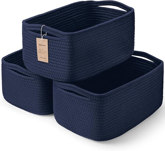 3-Pack Storage Baskets for Organizing | Woven Shelf Toy Basket | Rope Baskets for Gifts Empty | Closet Organizer Bins with Handles | Cube Decorative Box | 13.7×7.1×6.7” | Navy Blue-NeatNest