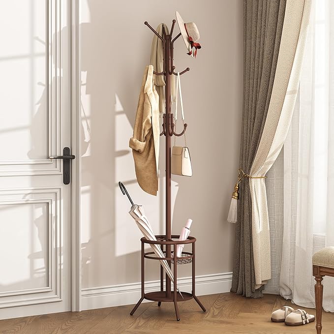 ELYKEN Coat Rack Freestanding, Metal Coat Rack Stand with Umbrella Holder, Modern Coat Tree with 12 Hooks, Floor Standing Corner Hall Tree for Entryway Living Room Bedroom Office, Brown-NeatNest