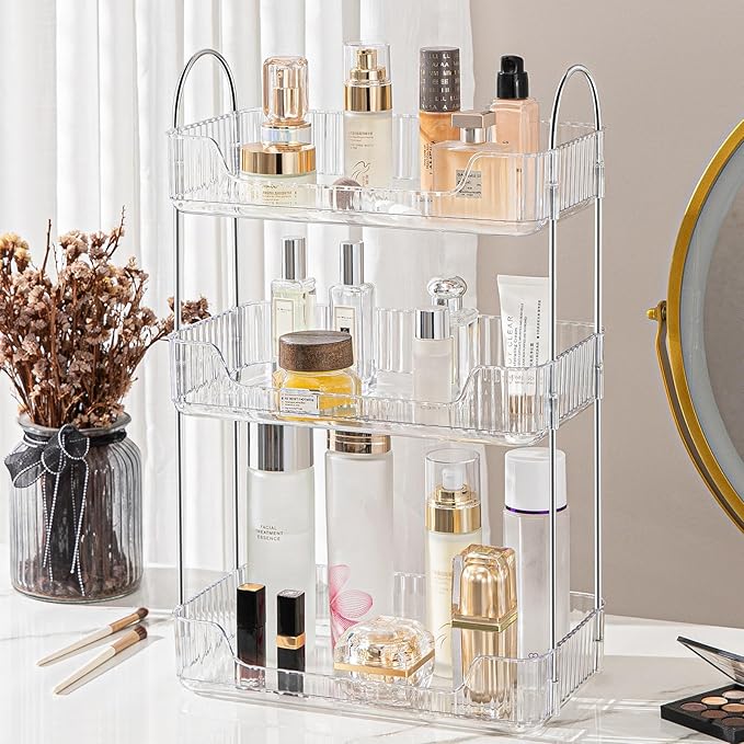 Bathroom Organizer Countertop, Vanity Trays, Skincare Makeup Organizer Shelf, Counter Shelf for Cosmetics, Toiletries, Lotions, Perfumes (3 Tiers, Clear)-NeatNest