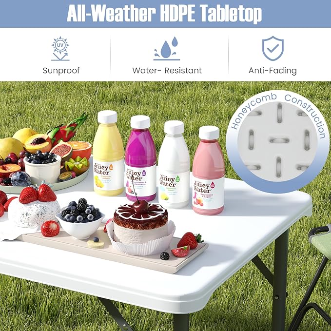 Goplus Portable 4 Foot Plastic Folding Table, 400 LBS Indoor Outdoor Heavy Duty Adjustable Folding Tables with HDPE Tabletop, Carrying Handle, Foldable Utility Card Table for Picnic, Camping, Dining-NeatNest