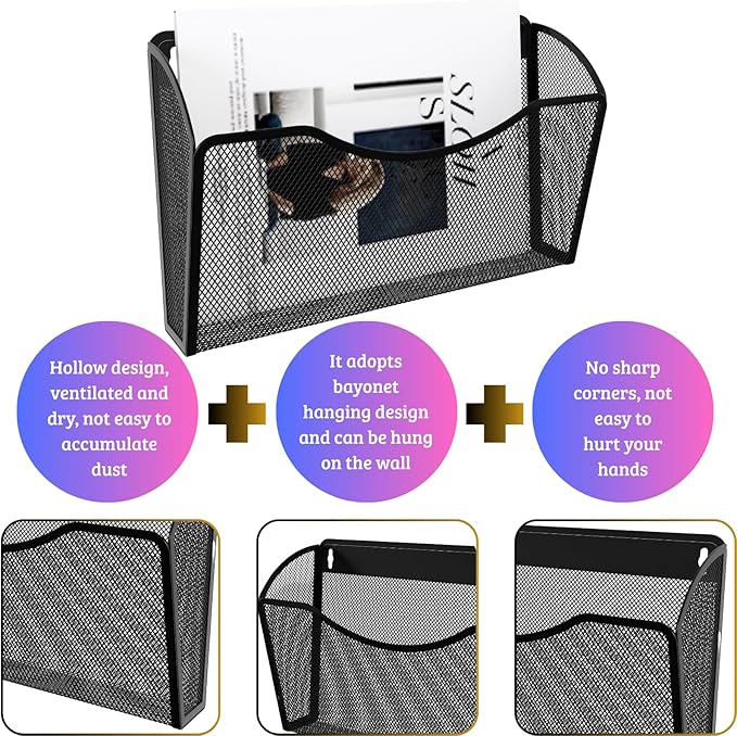 6 Single Pocket Mesh Wall File Organizer, Metal Vertical Wall Mounted Magazine Mail Paper Document Folder Holder for Office Home School, Black