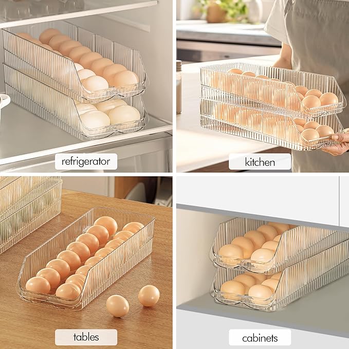 16 Egg Holder for Fridge, Rolling Egg Container, Stackable Egg Tray Holds 16 Eggs - Clear