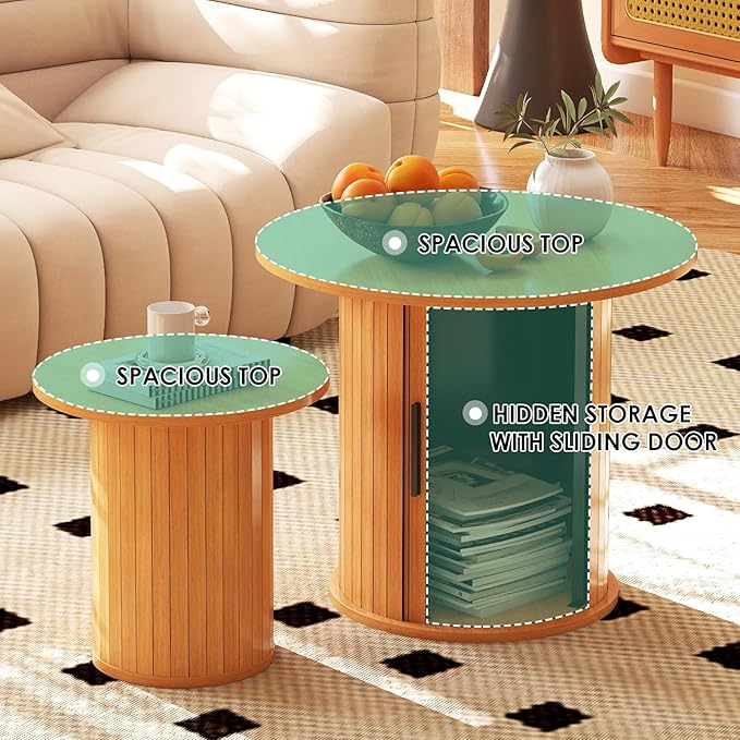 Nesting Coffee Table Set of 2 with Hidden Storage & Sliding Door, Circle Wood Coffee Table, Farmhouse Side & End Table Sets for Living Room, Small Spaces, Natural