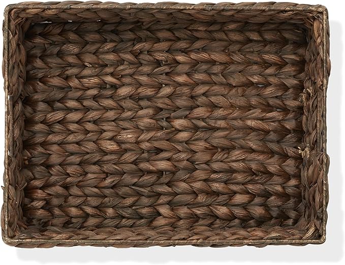Casafield Set of 4 Water Hyacinth Pantry Baskets, 12-1/2" x 17" x 5", with Chalkboard Labels and Chalk Marker - Espresso, Woven Storage Bin Organizers for Kitchen Shelves-NeatNest