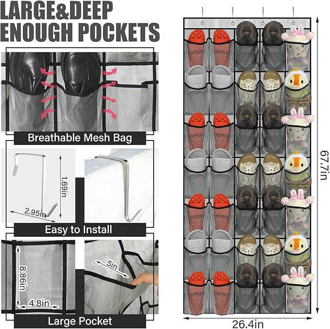 Windyun 2 Pcs 70 Large over The Door Shoe Organizer Hanging Shoe Rack for Closet Holder Gray Mesh Pockets Back to School Behind Door Hanger Storage Nonslip for Home Room School Dorm, Each 35 Pockets-NeatNest