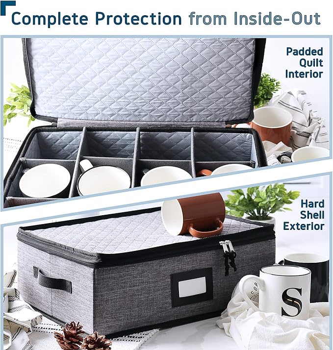 Hearth & Harbor Coffee Mug Storage, Quilted and Stackable Coffee Cup Storage Organizer for Service of 12, Mug Storage Box with Dividers, China Containers Hard Shell for Moving and Organization, Grey-NeatNest