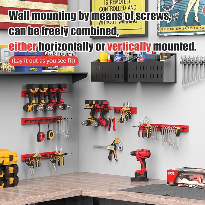 CCCEI 3 Modular Pegboard Strip Storage, Metal Peg Slat Wall Mount for Garage, Basement, Garden, Laundry Room Organization. Flexible Tool Organizer for Rake, Shovels, Crafting. Gifts for Men, Red.-NeatNest