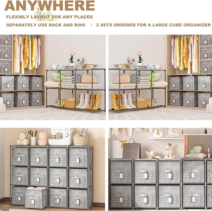 Cube Storage Organizer Shelf with 6 Printed Bins + Labels, Cubby Storage Organizer with Bins, Large Capacity Shelves for Storage,Closet, Living Room, Dorm, Yarn-NeatNest