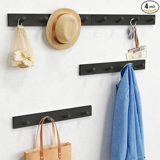 Forbena Black Coat Rack Wall Mount 4-Pack, Rustic Farmhouse Coat Hooks for Wall, Vertical Hanging Hat Rack for Office, Bedroom, Closet, Small Spaces, Kids Room Clothes, Entryway Shoes - 16 Pegs