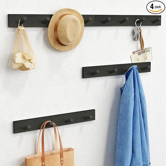 Forbena Black Coat Rack Wall Mount 4-Pack, Rustic Farmhouse Coat Hooks for Wall, Vertical Hanging Hat Rack for Office, Bedroom, Closet, Small Spaces, Kids Room Clothes, Entryway Shoes - 16 Pegs