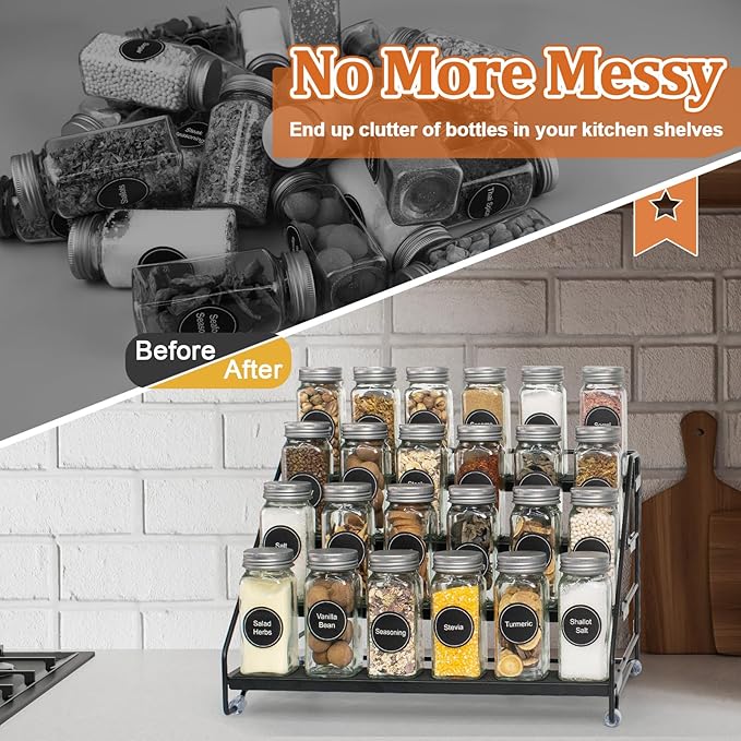 4 Tier Spice Rack Organizer for Cabinet, Step Adjustable Spice Shelf Seasoning Organizer with Non Slip Tiers, Expandable Metal Spice Rack for Kitchen Countertop, Pantry, Cupboard – Black-NeatNest