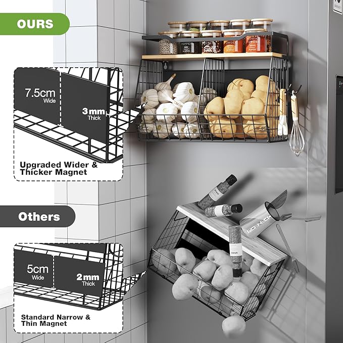Magnetic Shelf for Fridge with Wider & Thicker Magnet, 1 Pack Refrigerator Organizer Storage Basket for Fruit, Onion, Potato, Spice Rack, Kitchen, Laundry, Pantry (Black, 16.14" x 6.77" x 11.81")