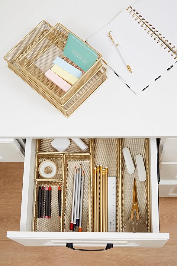 Annova Mesh Stackable Drawer Cabinet and Shelf Organizer Bins Storage Basket School Office Supply Holder Tray- Set of 2 (Gold, 6x9x2 Inch)-NeatNest