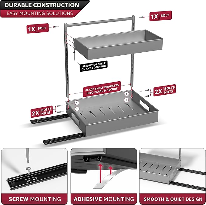 Sorbus Under Sink Organizer with Sliding Tracks – Pull Out Cabinet Organizer with Drawer & Installation Rails – Under Cabinet Bathroom Storage Organizer for Kitchen, Pantry, or Vanity –Silver 1 Pack-NeatNest