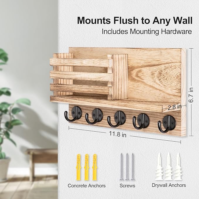 Key Holder for Wall – Decorative Wooden Mail Holder and Key Shelf with Mounting Hardware, Installation Guide – Paulownia Wood with 5 Metal Key Hooks (11.8” x 6.7” x 2.8”)