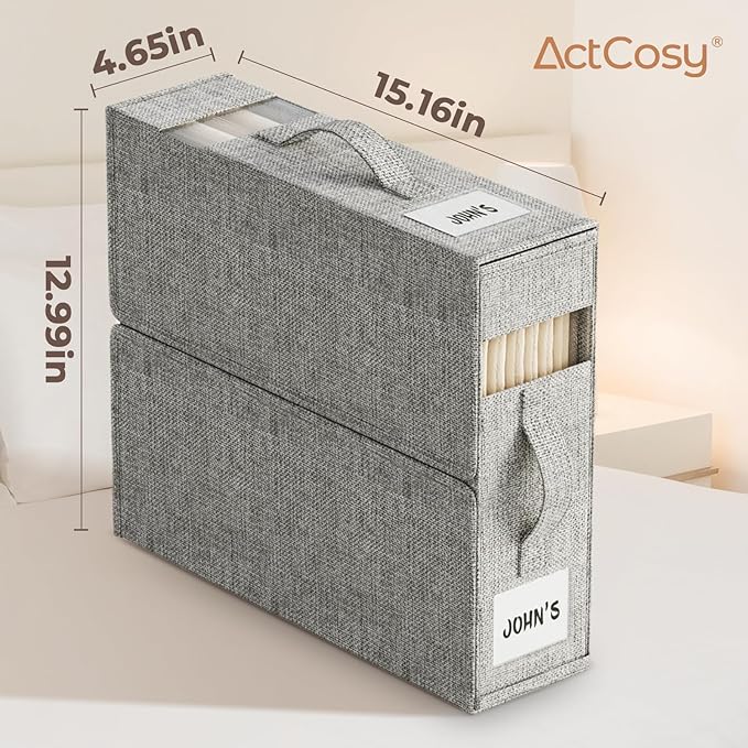 12Pack Sheet Organizers and Storage with Handles – Foldable Linen Closet Storage for King & Queen Sheet Sets – Clear Window & Removable Labels – Dustproof & Space-Saving Design, Grey-NeatNest