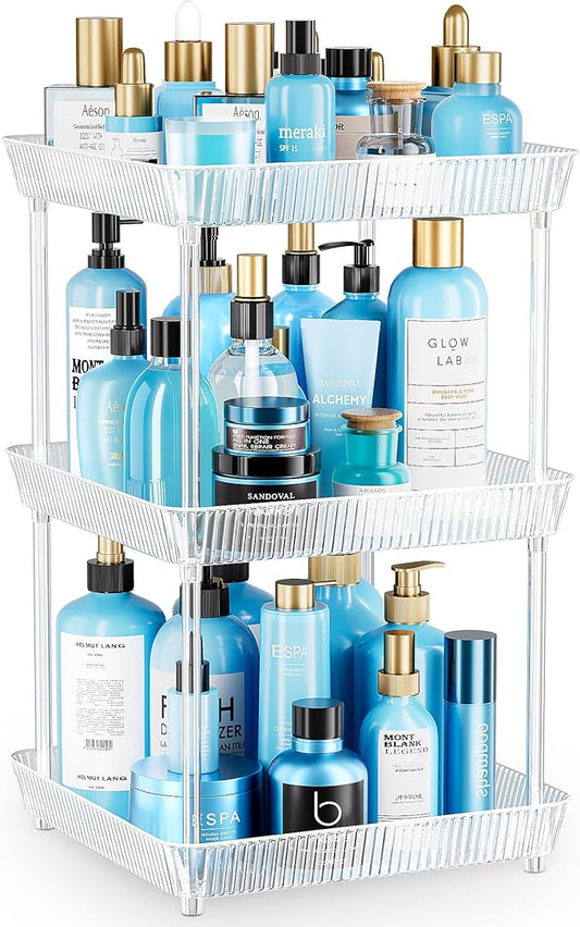 3 Tier Lazy Susan Bathroom Countertop Organizer, 360° Clear Rotating Square Storage Tray, Cosmetics and Perfume Organizer, Spinning Storage Tray Vanity Organizer Shelf for Bathroom Cabinet, Kitchen-NeatNest