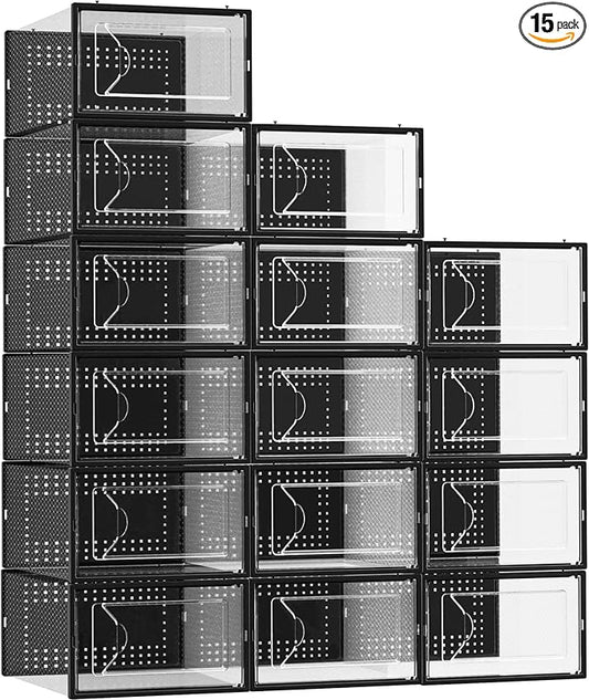Shoe Storage Box, 15 Pack Clear Plastic Stackable Shoe Organizer for Closet, Interlocking Design Shoe Container Bins for Sneakers, Foldable Shoe Rack with Lids, Black-NeatNest