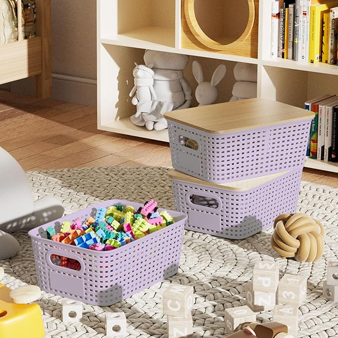 6-Pack Small 5 Qt Stackable Storage Bins with Bamboo Lids - Decorative Cute Plastic Baskets Boxes Containers with Labels for Organizing Shelves, Classroom, Closet, Desktop, Office - Purple-NeatNest