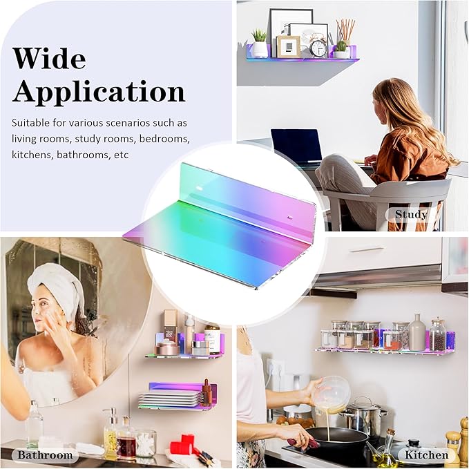 9 Inches Iridescent Floating Shelves Acrylic, White Wall Shelves for Living Room Décor, Bedroom, Bathroom, Kitchen, Dining Room, Brand Store, Retails, Gaming Room, 2 Pack-NeatNest