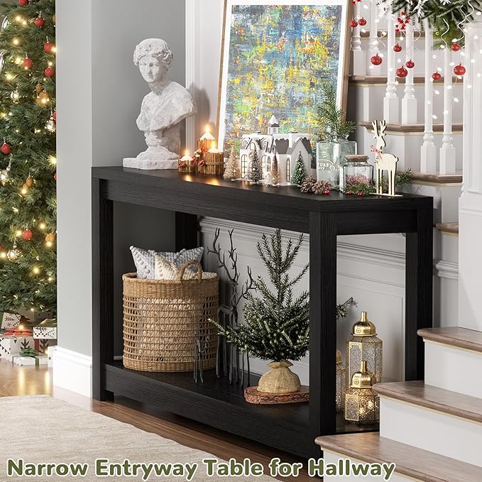 47" Farmhouse Wood Entryway Table Narrow Console Table with Storage Behind Couch Sofa Table with Shelves for Entry Way with Open Storage, Easy Assembly, Embossed Wood Grain Black-NeatNest
