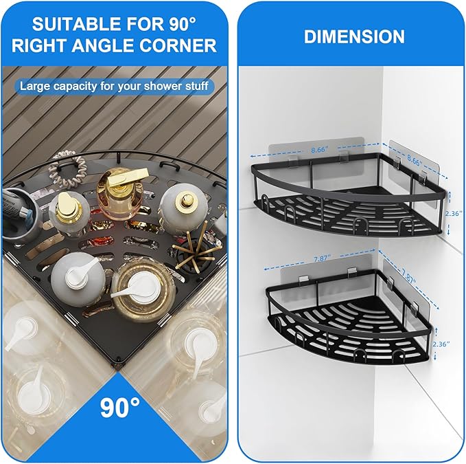 Corner Shower Caddy, 2 Pack Adhesive Bathroom Shower Corner Organizer Shelf, No Drilling Rustproof Wall Mounted Shower Storage Rack Shampoo Holder Organizer (Black)