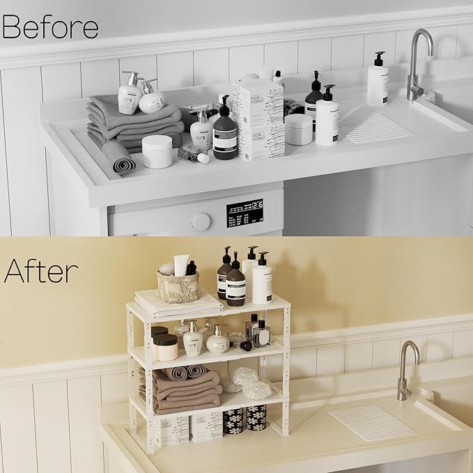 Heavy-Duty Adjustable Metal Shelf Organizer - Expandable & Stackable Pantry Storage Rack for Kitchen, Bathroom, RV, Cabinets(2 Packs/White, Medium)-NeatNest