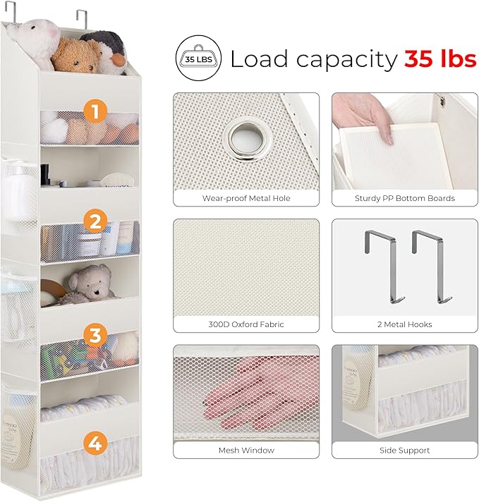 GRANNY SAYS Over The Door Organizer, 4-Shelf Behind The Door Storage with 6 Pockets and Clear Window, Anti Tilt Large Capacity Hanging Organizer for Baby Diapers, Toys, Purses, Beige, 1 Pack-NeatNest