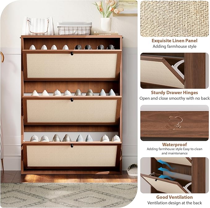 AVZEAR Narrow Shoe Storage Cabinet for Entryway with Natural Linen Panel, Freestanding Slim Shoe Cabinet with 3 Flip Drawers, Wood Shoe Organizer Closed Shoe Rack for Hallway, Living Room(Walnut)-NeatNest