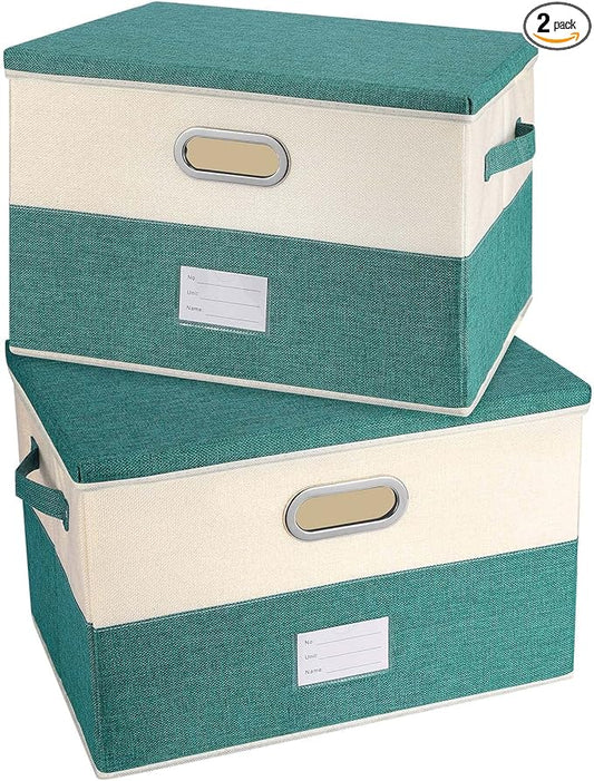 Large Linen Fabric Foldable Storage Bins with Removable Lid and Handles, Washable Storage Box Organizer Containers Baskets Cube with Cover for Bedroom,Office (Turquoise&Cream, Large(2-Pack))-NeatNest