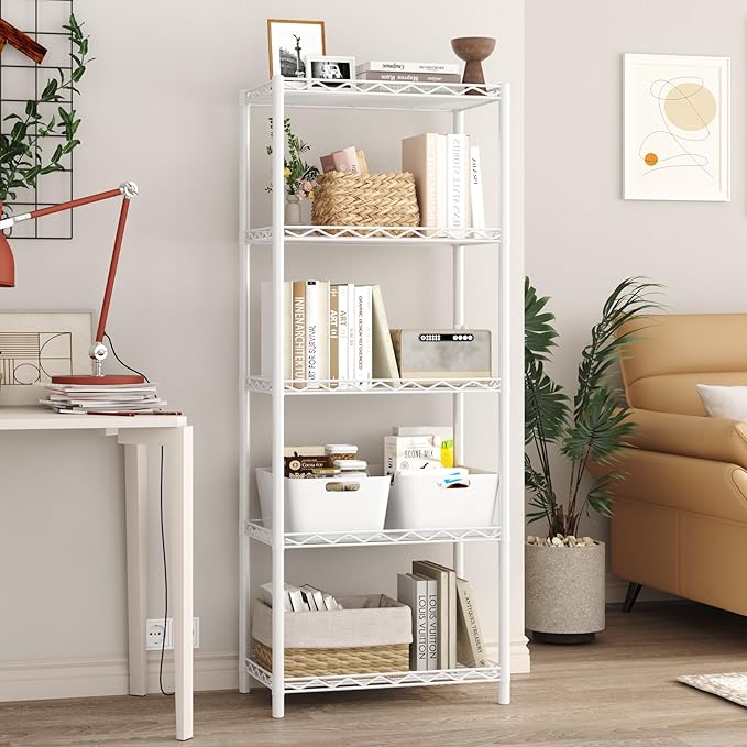 HOMEFORT 5-Tier Wire Shelving 5 Shelves Unit Metal Storage Rack Durable Organizer Perfect for Pantry Closet Kitchen Laundry Organization in White,21”Wx14”Dx61”H