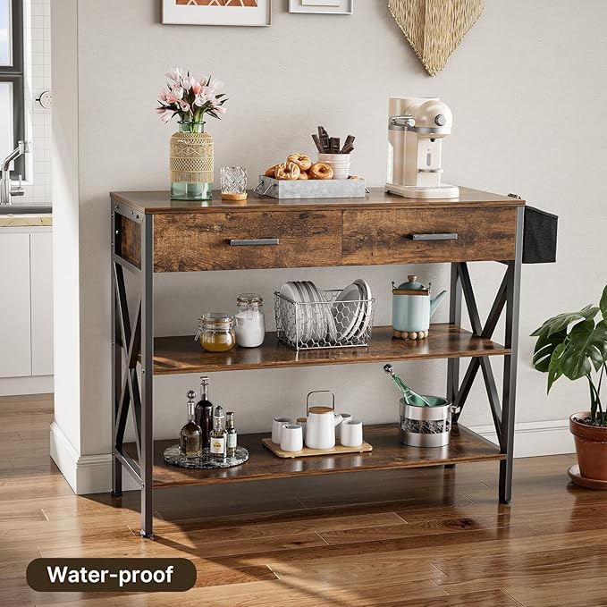 Gizoon 39" Entryway Table with 2 Drawers and 3 Tier Storage Shelves, Industrial Narrow Long Sofa Table, Farmhouse Style Console Table for Living Room, Hallway, Couch, Small Spaces - Rustic Brown-NeatNest