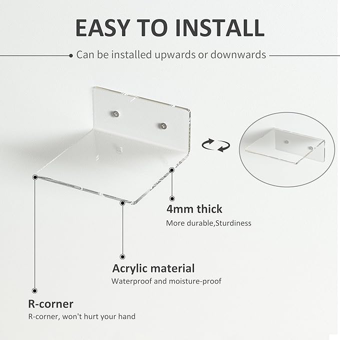 6 Inches Clear Small Wall Shelves, Acrylic Floating Shelf for Small Space, Acrylic Display Ledges for Funko Pop Figures, Home Décor, Plants, Smart Speaker, Digital Clock, 4 Pack-NeatNest