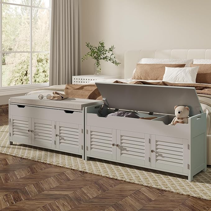 ChooChoo 41.3" Shoe Storage Bench with Lift Top Storage, Entryway Bench with Cushioned Seat, Adjustable Shelf, Shoe Cabinet with Hidden Space, for Entryway, Bedroom, Living Room, Grey-NeatNest