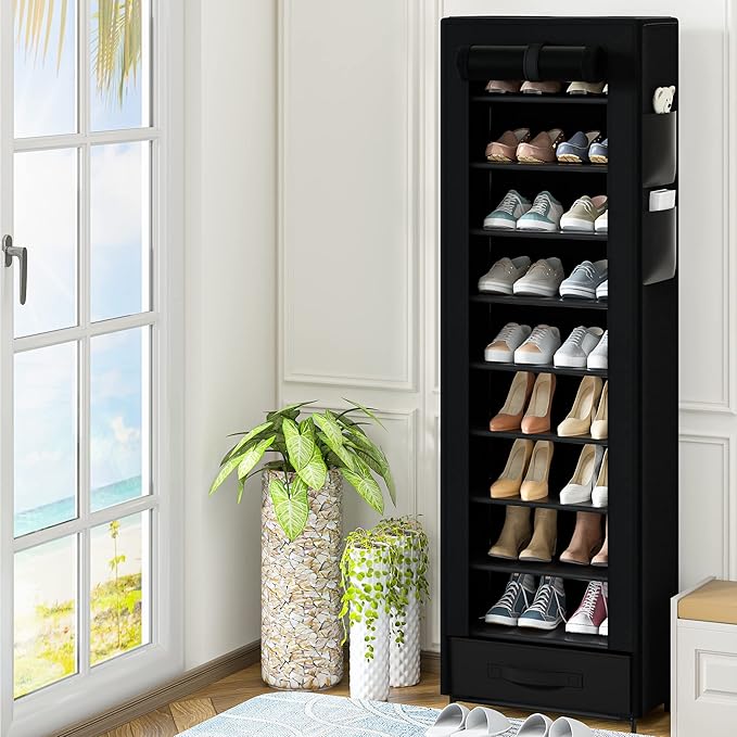 Shoes Rack 10 Tier Tall Shoe Rack Narrow Shoe Rack with Storage Box,Fabric Covered Metal Shoe Rack Organizer for Closets-NeatNest