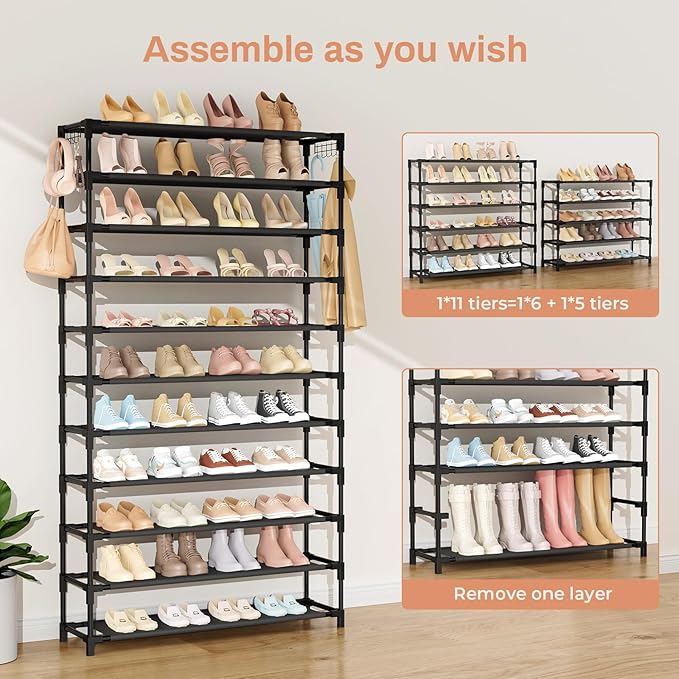 11 Tiers Tall Wide Shoe Rack 55 Pairs Large Capacity Sturdy Durable Shoe Rack for Closet Metal Shoe Organizer Shelf with Two Hooks Space Saving for Entryway Black-NeatNest