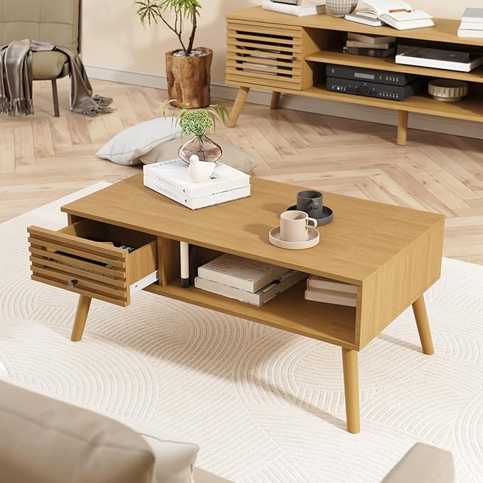 Coffee Table, Mid Century Modern Table with Storage, Living Room Center Table with Slatted Panel Drawer, Fluted Wood Coffee Table with Open Shelf for Living Room, Oak-NeatNest