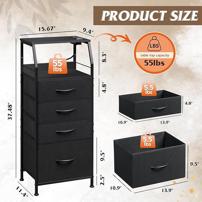 WLIVE Night Stand Set of 2 with Charger Station, Nightstand Sets with LED Light and 4 Storage Drawers, Tall Dressers for Bedroom, Bedside Tables with Fabric Bins, Wood Shelf, Metal Frame, Black