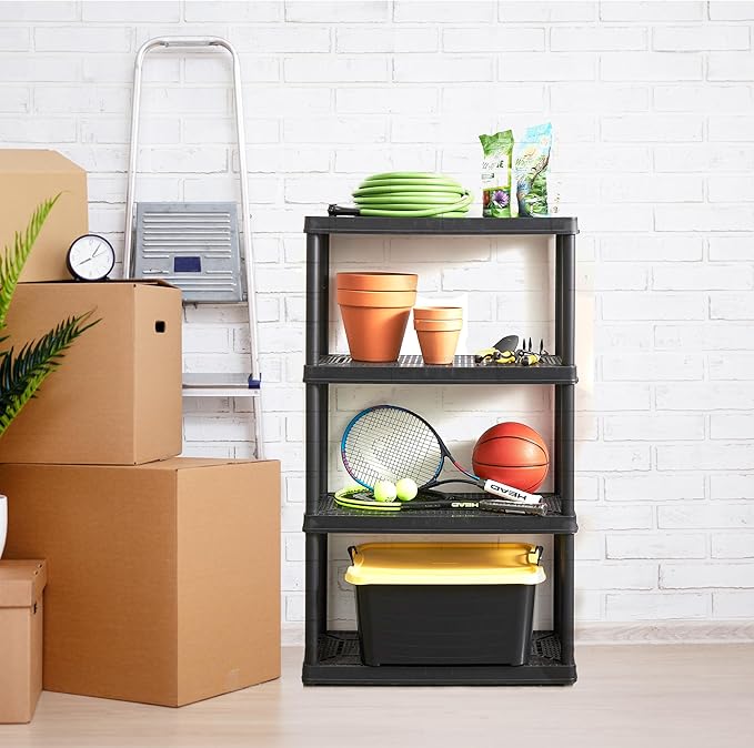 Gracious Living 4 Shelf Fixed Height Medium Duty Storage Unit 14 x 32 x 54.5" Organizer System for Home, Garage, Basement, & Laundry, Black (4 Pack)