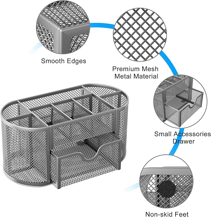 EasyPAG Mesh Desk Organizer, Multi-functional Stationery Organizer for School Supplies, Office Pen Holder for Desk, 9 Compartments Dorm Organization with Drawer, Silver